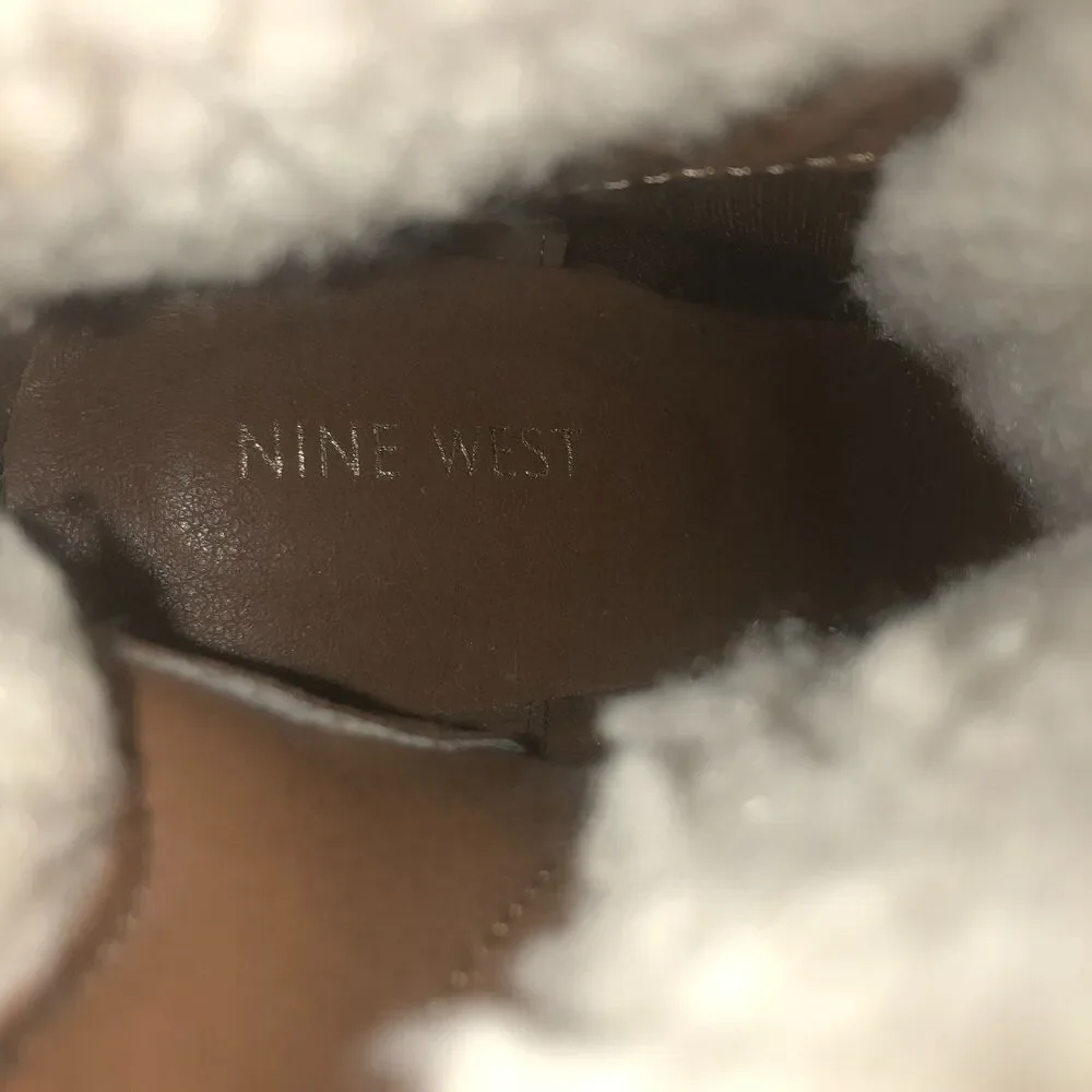 Nine West Women's Brown Faux Fur Lace Up Booties Block Heel Side Zip 8.5M